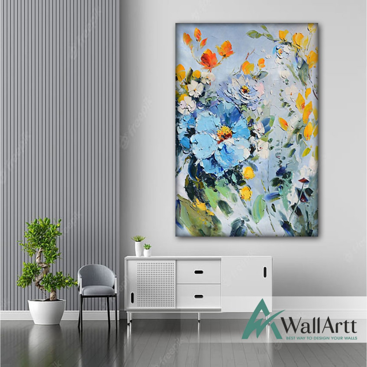 Blue Flower with Yellow Leaves 3d Heavy Textured Partial Oil Painting